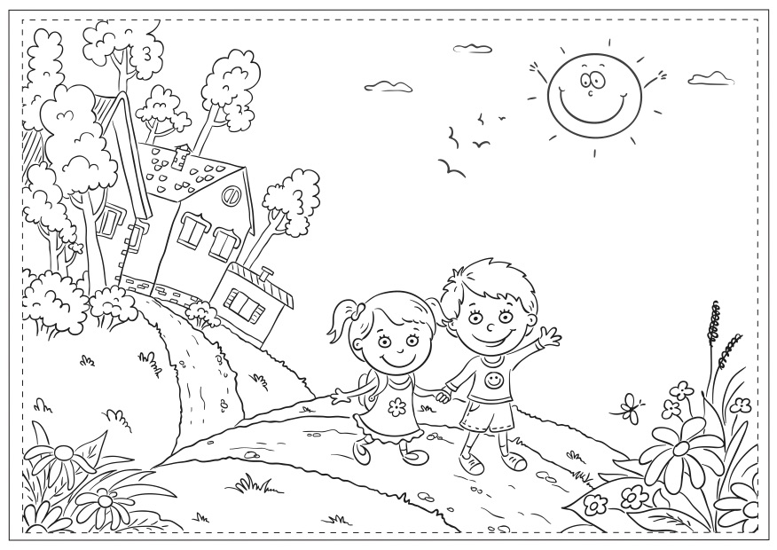 Online coloring book: Coloring book children are going for a walk because it is summer
